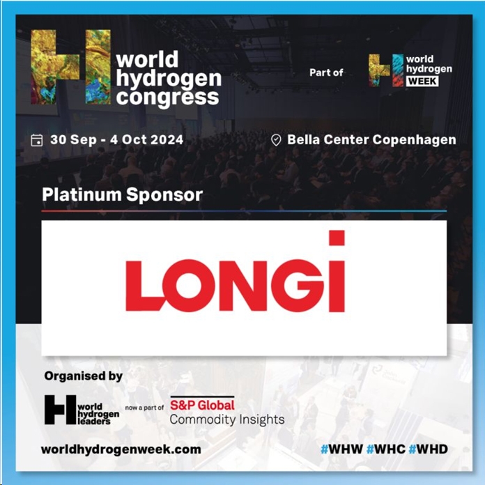 LONGi_Group's tweet photo. LONGi Hydrogen is pleased to join World Hydrogen Week 2024 #WHW as Platinum Sponsor! Visit our booth D311 to explore our innovative technology on ALK electrolyzers, solutions to optimize LCOH and our strategic deployment of holistic services globally！ https://t.co/LPn4gTyJrB