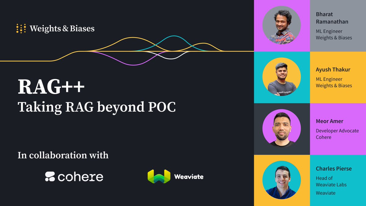 wandb's tweet photo. Our new RAG++ course is now live. Built in collaboration with @cohere and @Weaviate_io, it's designed for engineers to create production-ready RAG systems. With hands-on exercises, you'll learn evaluation strategies, retrieval techniques, and more.
Register here: https://t.co/iCLJ9vbtIP