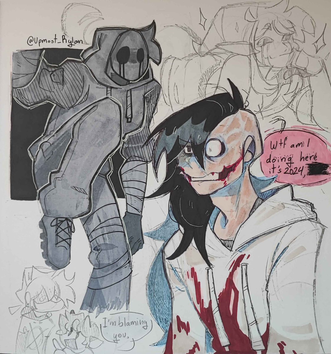 Fanart, creepypastas! Specifically Jeff the killer, Eyeless jack, and Ben  Drowned (bonus silly billy from fnf and my sona Arin in the corner) (tags  #jeffthekiller #eyelessjack #bendrowned #Creepypasta #fanart ) . Omg, image size:1123x1200