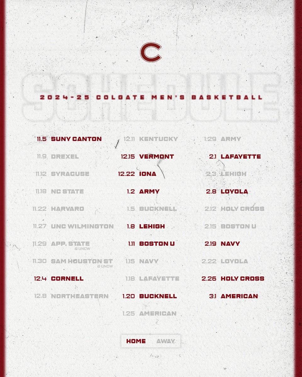 Our 2024-25 schedule drop is 𝗛𝗘𝗥𝗘!

📆 ‣ colgateathletics.com/mbbschedule
🎟 ‣ colgateathletics.com/mbbtickets

#GoGate