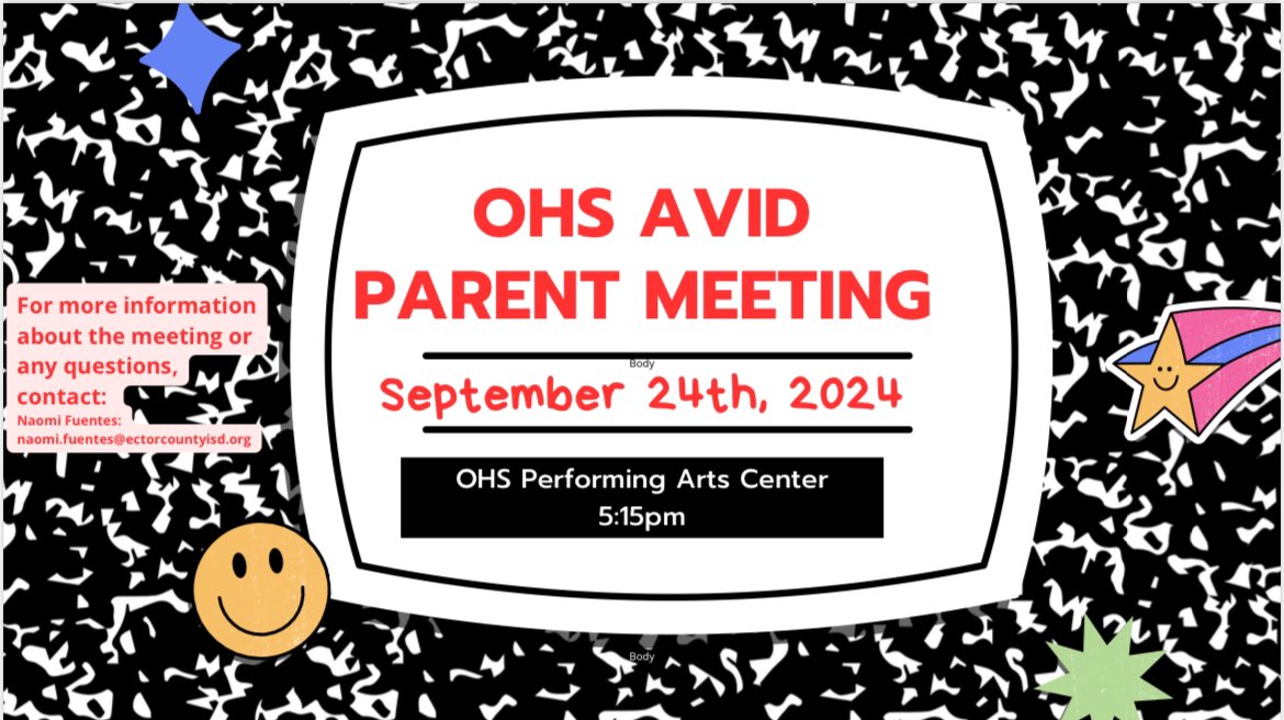 AVIDBronchos (@avidbronchos) on Twitter photo Come join us tonight!
๐จ AVID PARENT MEETING
โฐ 5:15PM
๐OHS PERFORMING ART CENTER (PAC)
Parents, canโt wait to see you there!
<a href="/EctorCountyISD/">Ector County ISD</a> <a href="/ODTX_AVID/">AVID in ACTION</a> Come join us tonight!
๐จ AVID PARENT MEETING
โฐ 5:15PM
๐OHS PERFORMING ART CENTER (PAC)
Parents, canโt wait to see you there!
<a href="/EctorCountyISD/">Ector County ISD</a> <a href="/ODTX_AVID/">AVID in ACTION</a>