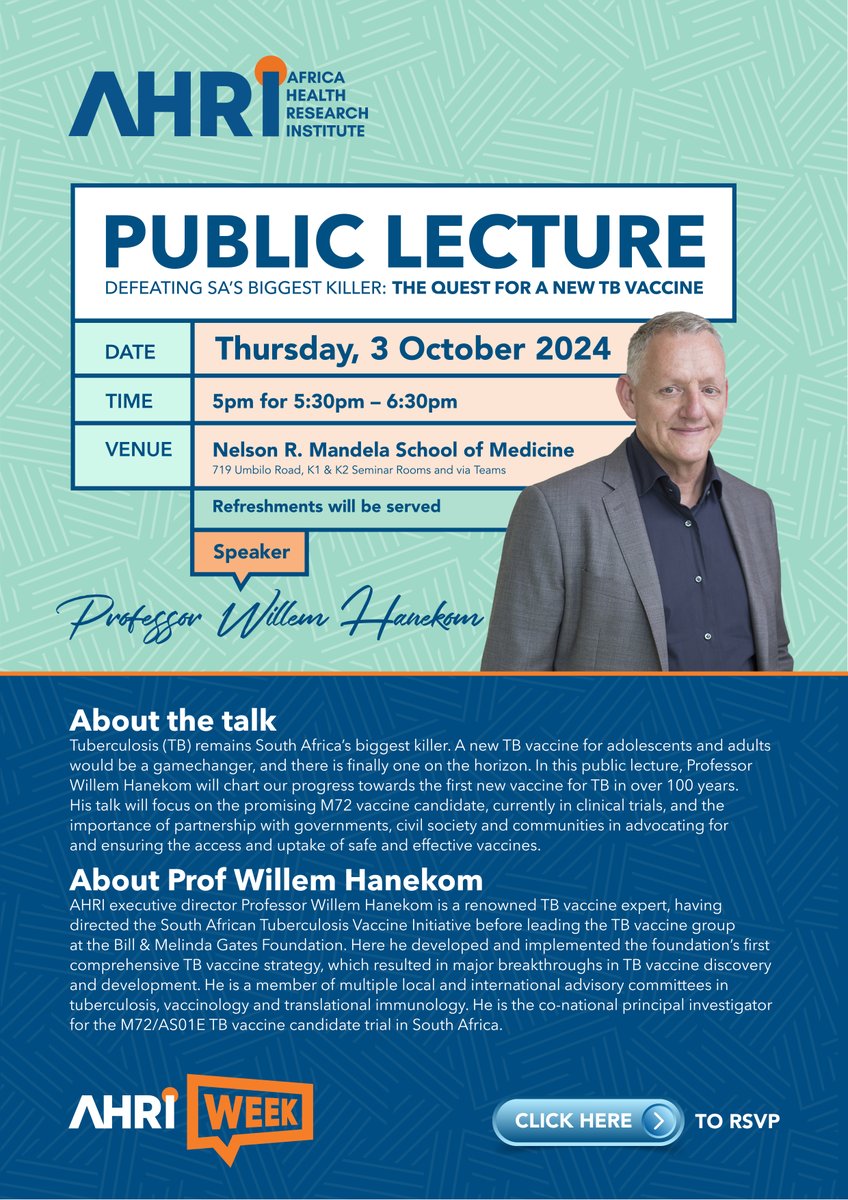 TB remains South Africa’s 🇿🇦 biggest killer. A new TB vaccine for adolescents &amp; adults would be a gamechanger. In this upcoming public lecture, our Prof <a href="/WillemAHanekom/">Willem Hanekom</a> will chart progress towards the first new vaccine for TB in over 100 years. RSVP ➡️ forms.office.com/r/RijEwi0Kex