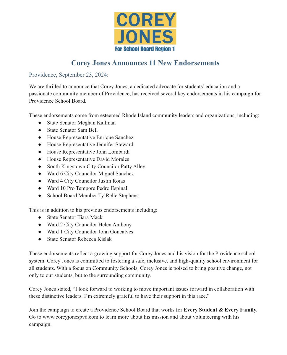 Excited to share that I’ve received 11 new endorsements from incredible Rhode Island leaders in my campaign for Providence School Board!#EveryStudentEveryFamily #ProvidenceSchools

1/2 🧵