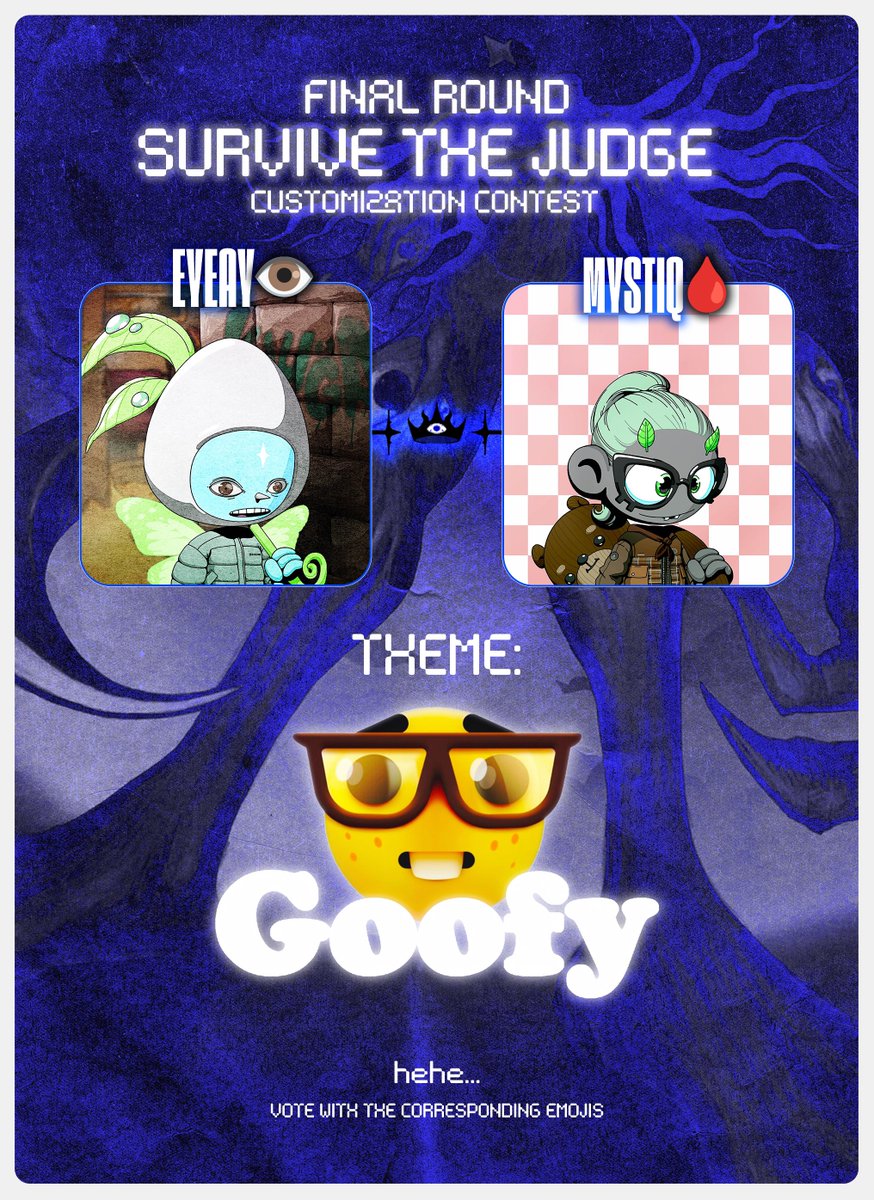 SeizonNFT's tweet photo. The final round of the SURVIVE THE JUDGE CONTEST 👁️ has arrived, and it's time for you to cast your vote and choose the goofiest Seizon!

Seizon holders, head over to Discord right now to cast your vote; the fate of our finalists hangs in the balance as we determine who will claim the crown! 👑 

The clock is ticking – you have 24 hours🩸