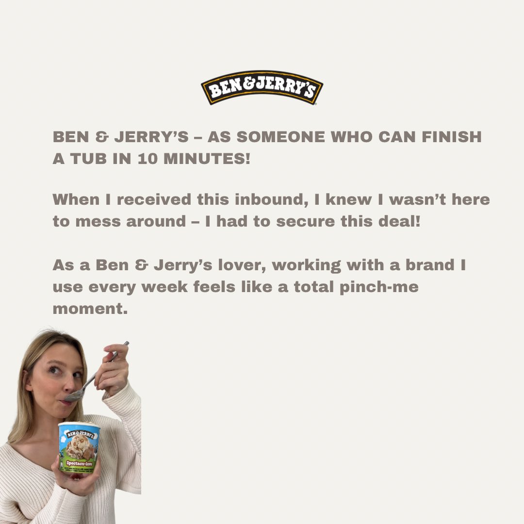I WORKED WITH 60+ BRANDS... the ones that blowed my mind ⤵️ 

As a die-hard water drinker, working with SPA was absolutely amazing!

Beauty brands such as: Clinique &amp; Estée Lauder 

Ben &amp; Jerry’s – as someone who can finish a tub in 10 min! 

📧contact@louisebusse.com