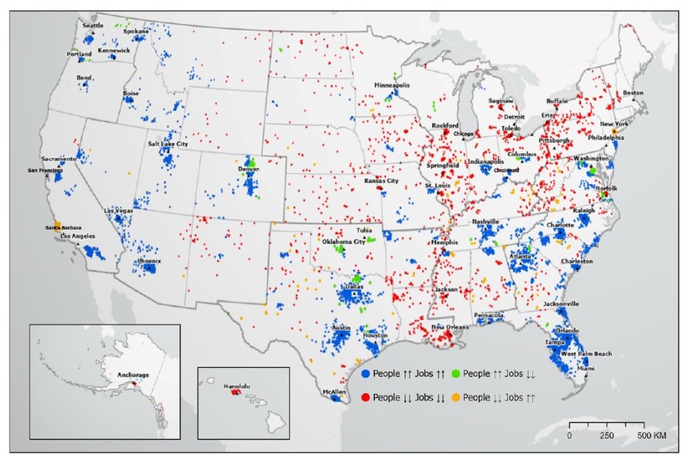ProducerCities's tweet photo. American superstar cities fade as remote work sparks migration southward &amp; inland, exacerbating urban sprawl: "We compare the immediate pre-pandemic period (2016-2019) to the pandemic &amp; post-pandemic period (2019-2022)" https://t.co/OXuyfl9itw https://t.co/RhrCnAtaDn