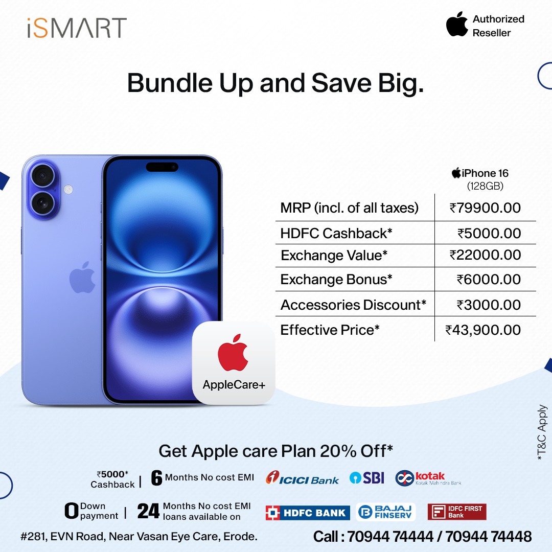 ismart_erode's tweet photo. Bundle Up &amp; Save Big!!! Iphone 16+
Get Apple Care Plan 20% Off*
Call now : 7094474444/7094474448 

#ismart #Mobiles  #Erodeismart #iphonedealers 
 #erodeorgins #iphonesale #Applewatchdeals  #ismartErode #BestDeals  #deals #Specialoffers 
#LimitedtimeOffer #AuthorisedReseller https://t.co/J34oYTP1Oo