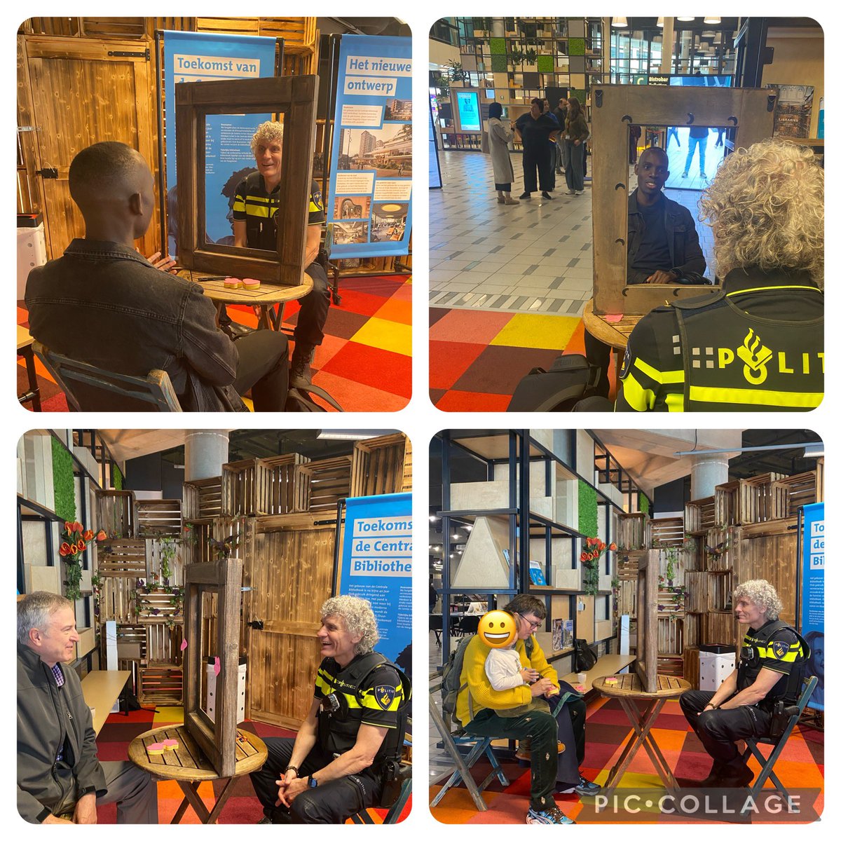 In hartje R’dam in de bibliotheek als onderdeel van het prachtige project “all cops are”, aan de bezoeker gevraagd om letterlijk door het frame te kijken naar mij in uniform en op sticky notes  te omschrijven wat je ziet, voelt, denkt.
Daarna een goed gesprek van  mens tot mens