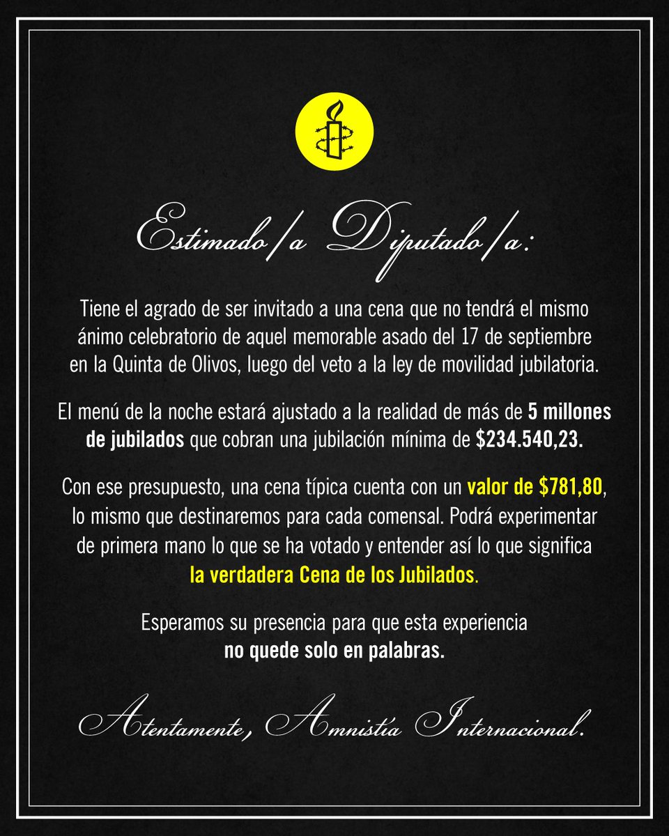 amnistiaar's tweet photo. ¿Sabrán los "87 héroes" que votaron el veto de la ley de movilidad jubilatoria lo que es cenar con $781,80? 
Los convocamos a una cena más realista: la de 5 millones de jubilados que cobran la mínima de $234.540,23. ¿Vendrán? 🤔

🫵 @ajmechet / @lisandroalm / @AraujoMFernanda / @catoardohain / Pablo Ansaloni / @ArancibiaRodrig / @MartinArjol / Belén Avico / @BeltranBenedit / @DamianArabia / @BacheyKarina / @NancyBallejos / @NYGBertie / @gaby_besana / @Bianchetti_E / @RocioBonacci / @alejobongio / @BornoroniG / @Sofiabrambilla / @mariano_campero / @CapozziSergio / @CerviPablo / @Chumpi_Soy / @fcorreallano / @_cdalessandro / @desensiflor / @romidiezok / @NicolasEmmaOK / @jlespert /
