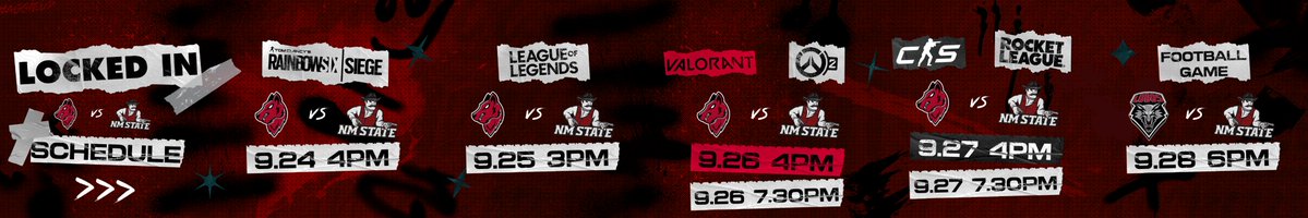 Here is the stream schedule for rivalry week against <a href="/UNMEsports/">UNM Esports</a>! 

Tune in on the stream starting at 4PM tonight! twitch.tv/nmstateesports