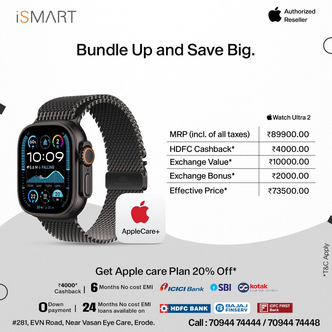 ismart_erode's tweet photo. Empowering your mobile creativity !!
Bundle Up &amp; Save Big!!! Iphone 16+ &amp; Apple Watch
Get Apple Care Plan 20% Off*
Call now : 7094474444/7094474448

#ismart #Mobiles #Erodeismart #iphonedealers
#Applewatchdeals #deals #Specialoffers
#LimitedtimeOffer #AuthorisedReseller https://t.co/3Z8dybQH3G