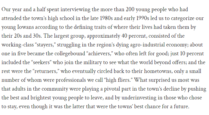 falseworkidol's tweet photo. unless you grew up in one of the handful of talent agglomeration zones in this country, it's likely that the influential adults who ran your public school system saw it as their job to launch gifted kids on trajectories with enough exit velocity to leave their communities behind https://t.co/BOOvRIf3pZ