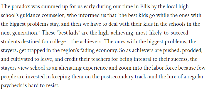 falseworkidol's tweet photo. unless you grew up in one of the handful of talent agglomeration zones in this country, it's likely that the influential adults who ran your public school system saw it as their job to launch gifted kids on trajectories with enough exit velocity to leave their communities behind https://t.co/BOOvRIf3pZ