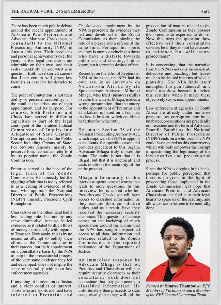 EFFSouthAfrica's tweet image. ♦️Must Read♦️

In today’s edition of the Radical Voice, EFF Member of Parliament @Sinawo_Thambo , writes about the conflict of interest caused by the NPA’s decision to hire, as consultants, two advocates who led evidence for the Zondo Commission.

-If anything, it borders on…