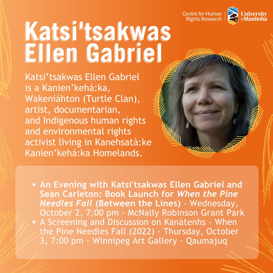 CHRRmanitoba's tweet image. The CHRR is honoured to host Katsi&apos;tsakwas Ellen Gabriel for two events in Winnipeg next week on Wednesday, Oct 2 and  Thursday, Oct 3.

Learn more about Katsi&apos;tsakwas Ellen Gabriel below ⬇️

(1/5)