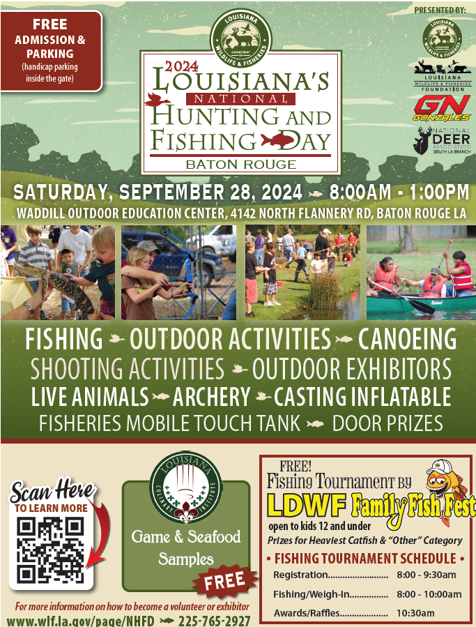 Coming up this Saturday, celebrate National Hunting and Fishing Day with family activities at four locations around the state (including Baton Rouge). More from <a href="/LDWF/">LaWildlife&Fisheries</a> here tinyurl.com/ykypucew