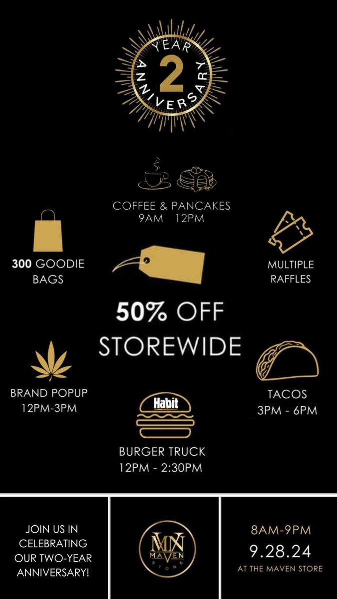 Maven Genetics (@mavengenetics) on Twitter photo Don't miss out on <a href="/TheMavenStore/">The Maven Store</a> 2-Year Anniversary this weekend! 🎉
✅️50% OFF STOREWIDE
✅️ Goodie Bags for the first 300 customers
✅️ Multiple Raffles
✅️ Free food all day long
#MavenGenetics #TheMavenStore #cannabis #anniversary #LosAngeles Don't miss out on <a href="/TheMavenStore/">The Maven Store</a> 2-Year Anniversary this weekend! 🎉
✅️50% OFF STOREWIDE
✅️ Goodie Bags for the first 300 customers
✅️ Multiple Raffles
✅️ Free food all day long
#MavenGenetics #TheMavenStore #cannabis #anniversary #LosAngeles