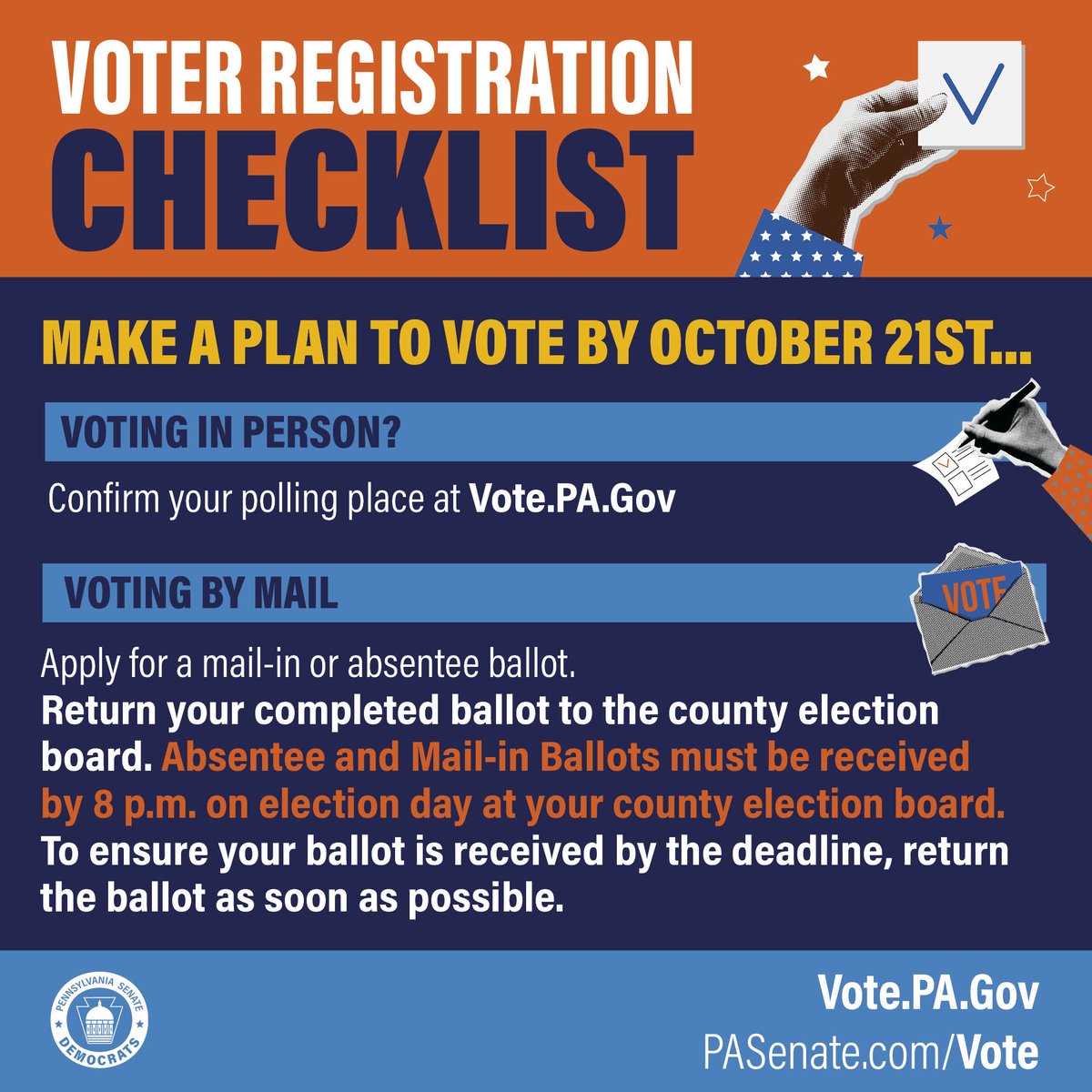 We believe firmly in your freedom to vote.

That's why we want to make sure you're registered and can make your voice heard.

You have until Oct. 21 to register for the upcoming Nov. 5 election!

Register today before the Nov. 5 election🔽 
Vote.PA.Gov