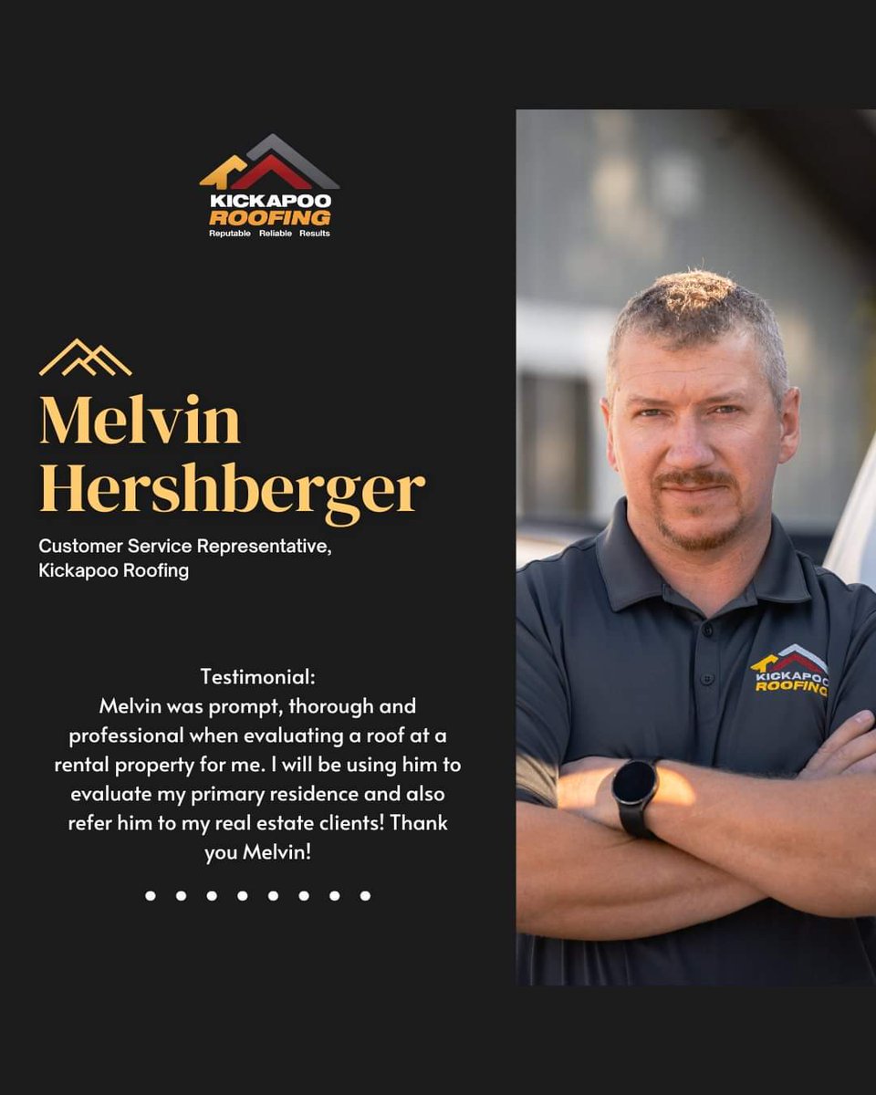 KickapooRoofing's tweet image. 🌟 Employee Spotlight: Melvin! 🌟 Discover why clients rave about his exceptional work. 

Read more reviews like this at kickapooroofing.com 

#TeamKickapoo #EmployeeSpotlight