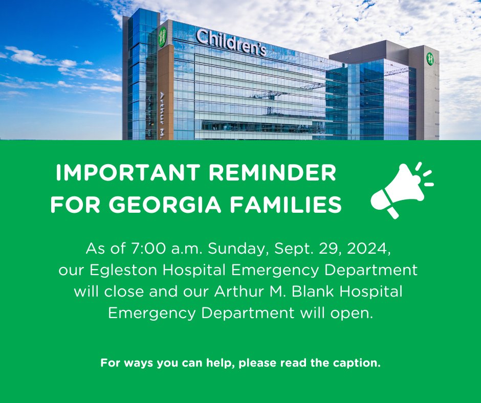 childrensatl's tweet photo. Important Reminder! 📣 Arthur M. Blank Hospital is opening its doors this Sunday, September 29, 2024. Thank you for your understanding as we transfer patients—please yield to ambulances near our hospitals. For more information, please visit: https://t.co/bkmBQ5nWqy. https://t.co/leOIItiEXv