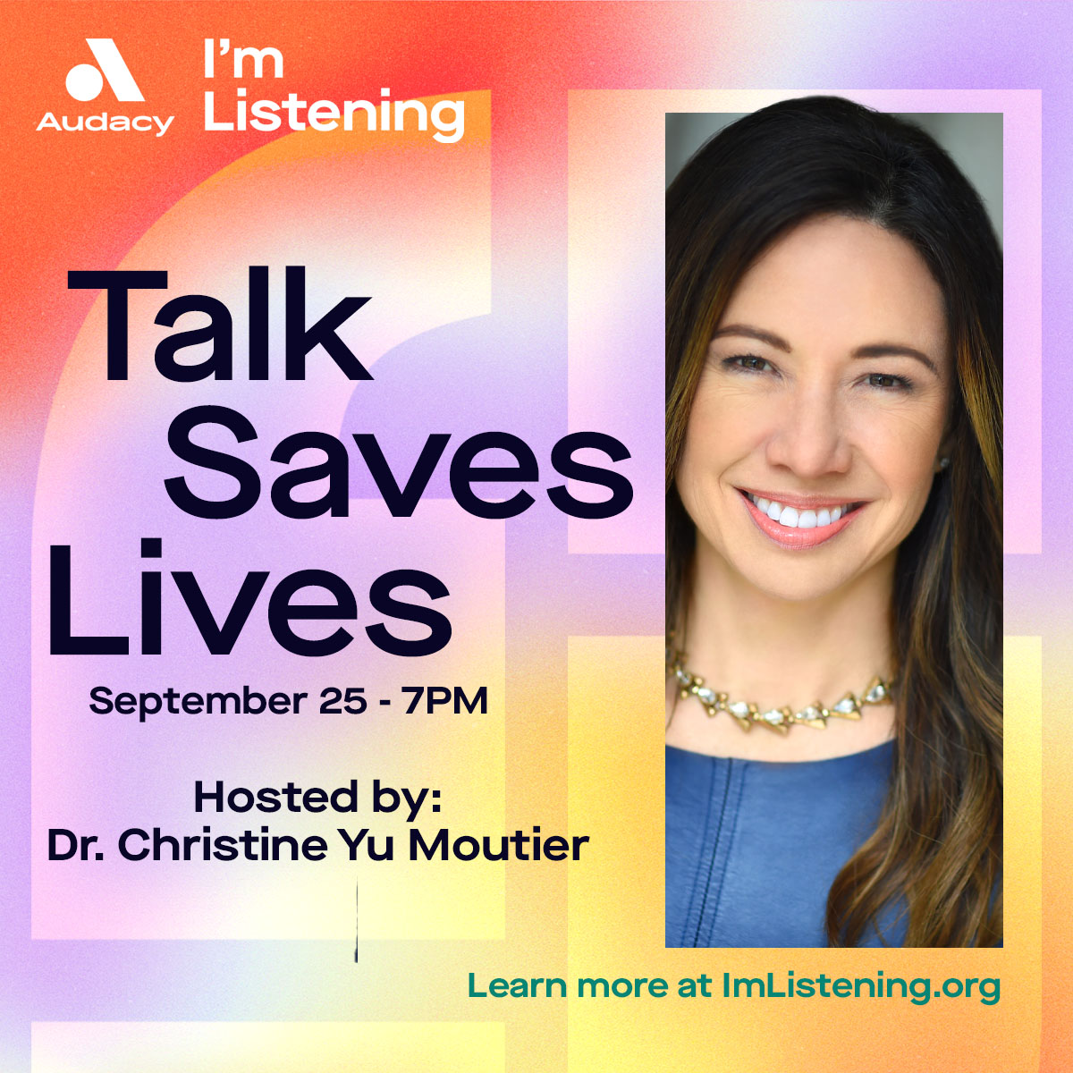 American Foundation for Suicide Prevention (@afspnational) on Twitter photo Tomorrow at 7pm local time, we're partnering with <a href="/Audacy/">Audacy</a> @ImListening! š¶šļø
Our Chief Medical Officer <a href="/cmoutierMD/">Christine Yu Moutier MD</a> will co-host this event focused on continuing the ongoing mental health dialogue by advocating and elevating stories. Learn more: afsp.org/story/audacy-s⦠Tomorrow at 7pm local time, we're partnering with <a href="/Audacy/">Audacy</a> @ImListening! š¶šļø
Our Chief Medical Officer <a href="/cmoutierMD/">Christine Yu Moutier MD</a> will co-host this event focused on continuing the ongoing mental health dialogue by advocating and elevating stories. Learn more: afsp.org/story/audacy-sā¦