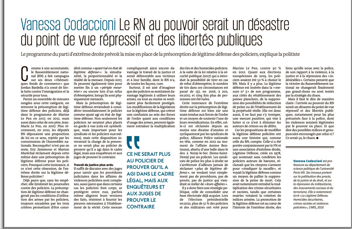 Oh, une proposition portée historiquement par l'extrême-droite (Le Pen père et fille, Marion Maréchal, Zemmour), et qui tient à la fois à ses rapports à la violence et à ses liens avec  la police.
J'ai développé ce point dans une tribune publiée dans le Monde le 14 juin dernier