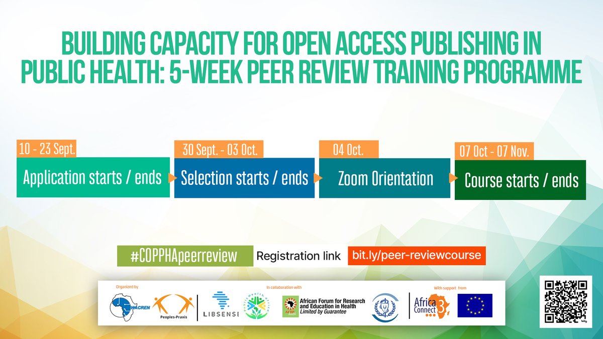 The application window has been closed; now, we move to the next phase: selecting successful participants. #COPPHApeerreview #BAOBABrepository #PublishNow #NoFeePublishing <a href="/peoplespraxis/">peoplespraxis</a> <a href="/PHdotAfrica/">Public Health Africa (PHA)</a> <a href="/WAIPH_News/">West African Institute of Public Health ⚕️</a> <a href="/LIBSENSE/">LIBSENSE</a> <a href="/AC3_News/">AfricaConnect3</a> <a href="/afrehealthorg/">AFREhealth Official</a> <a href="/Amref_Worldwide/">Amref Health Africa</a>