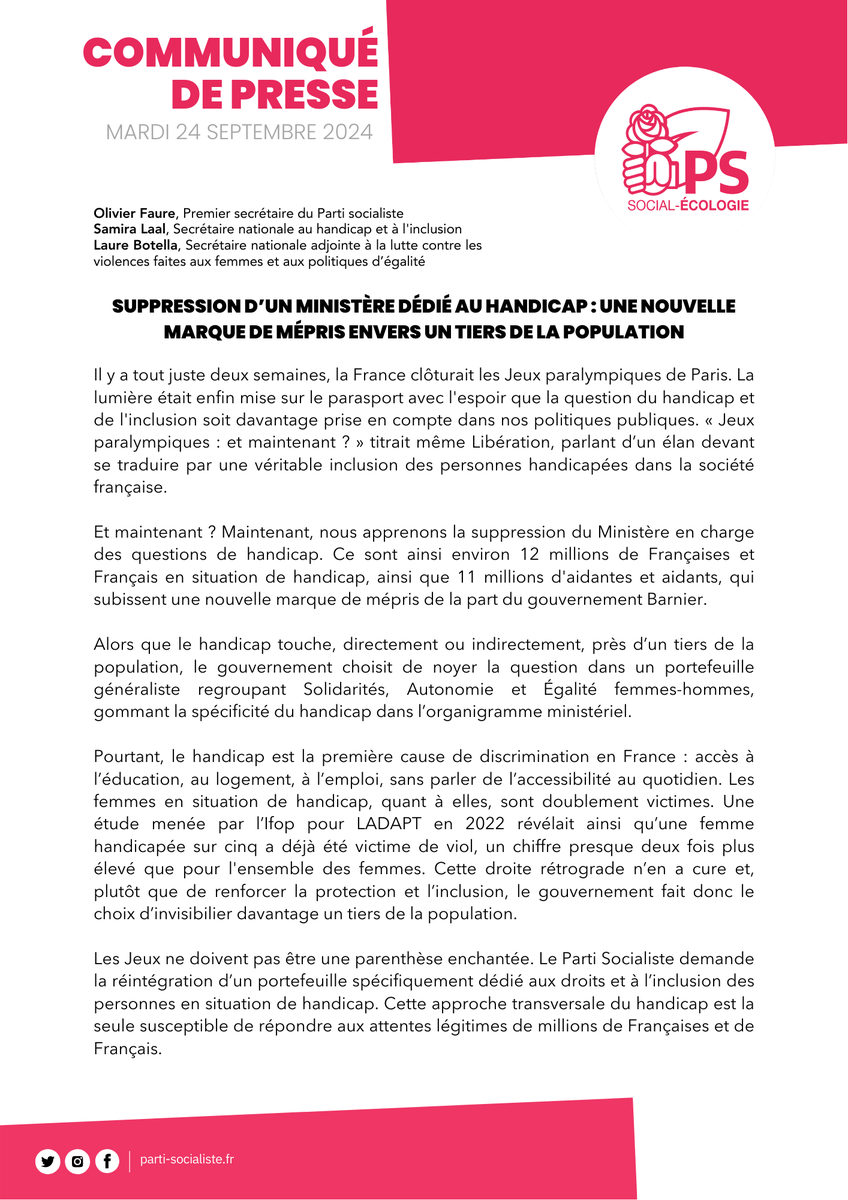 partisocialiste's tweet photo. 🔴 Communiqué : Suppression d’un ministère dédié au handicap : une nouvelle marque de mépris envers un tiers de la population.

Par @faureolivier, @sam_laal et @LaureBotella 

➡️ https://t.co/3TwJ2ALvHJ https://t.co/1Dl2enwS9w