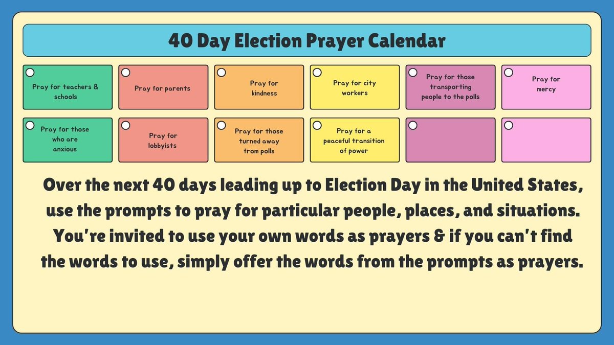pbymilwaukee's tweet image. Wisconsin Council of Churches shared this great 40 Day Election Prayer Calendar from Batavia United Methodist Church.
Thursday, September 26, is 40 days before the election.

#pbymke #PCUSA #40DaysOfPrayer #Election2024 #Election