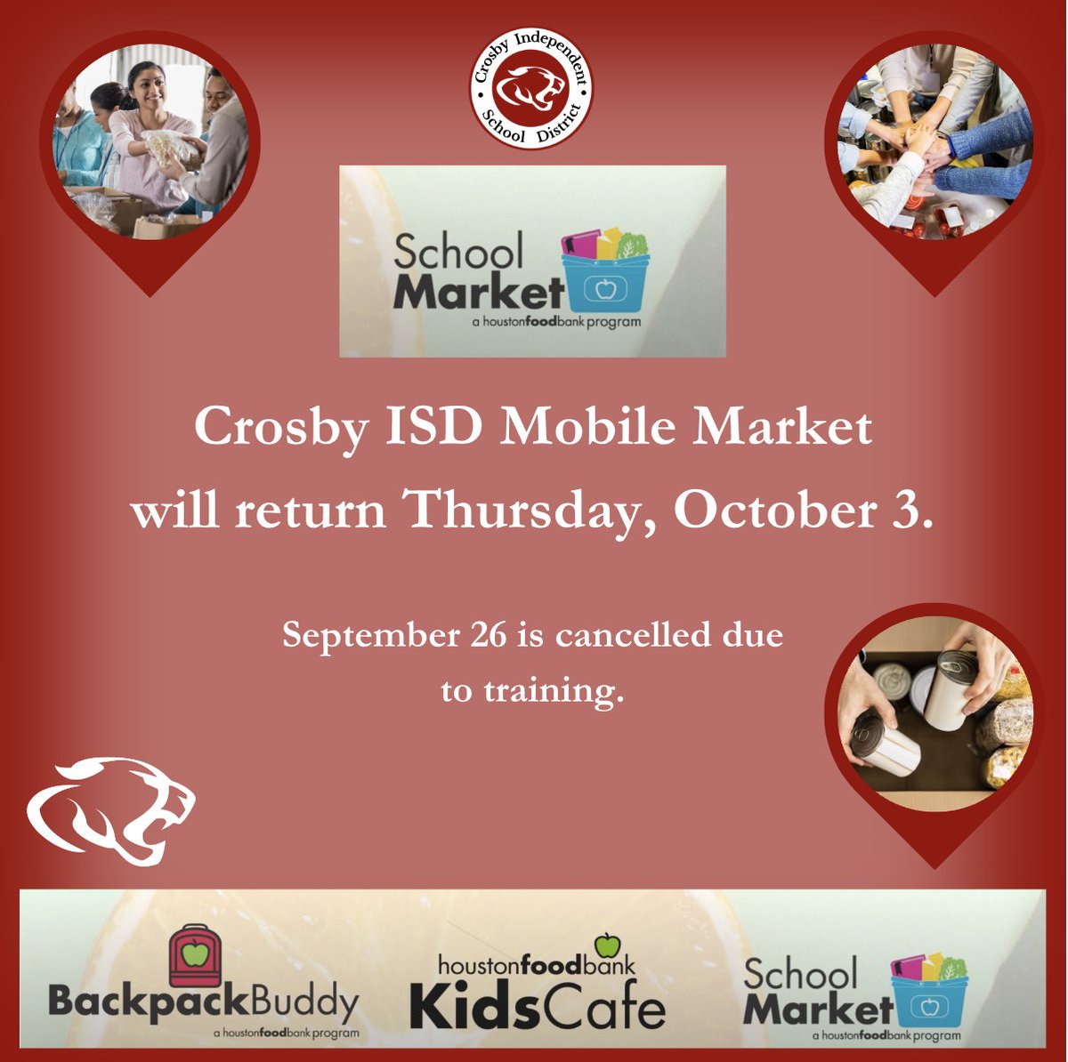CrosbyISD's tweet photo. Reminder that this week's Mobile School Market is closed due to previously-scheduled training.

The grocery distribution will return on Thursday, October 3, from 9am-Noon.

https://t.co/ta2VEcK2m4

#committedtoexcellence https://t.co/Clwu3walAl