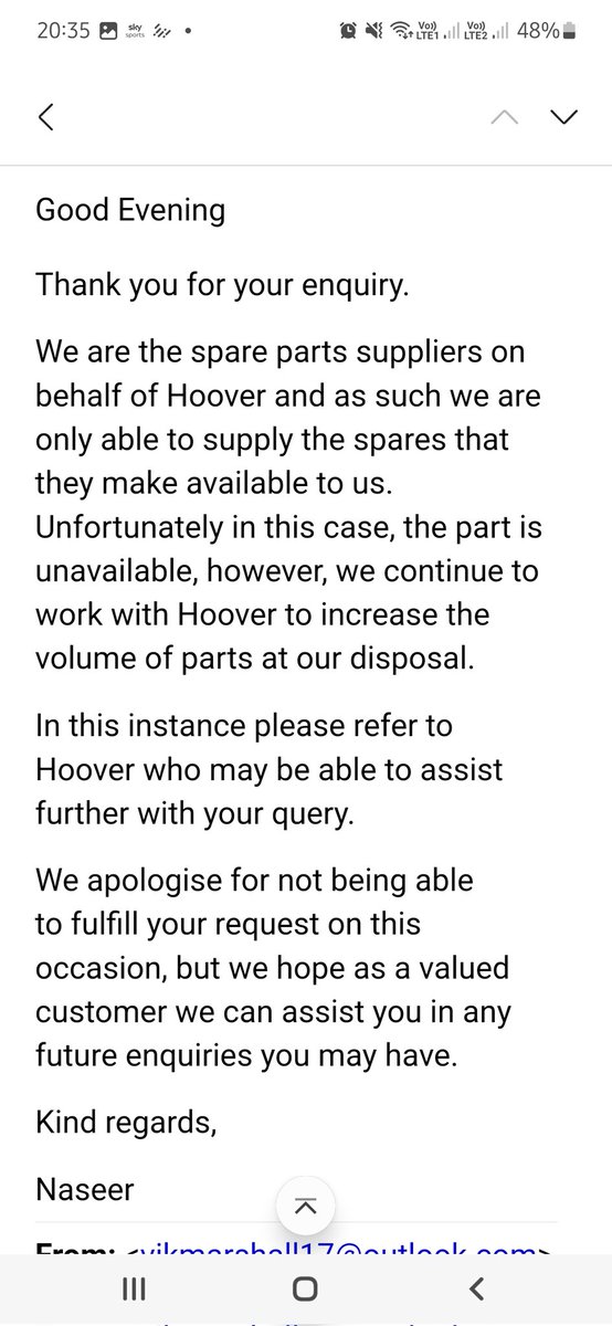 Vikmarshall17's tweet photo. @Hoover_UK After resending my query, I finally had a reply.... and they can't sort the parts for me, and have directed me straight to yourselves...... https://t.co/Y9uVlX7hiw