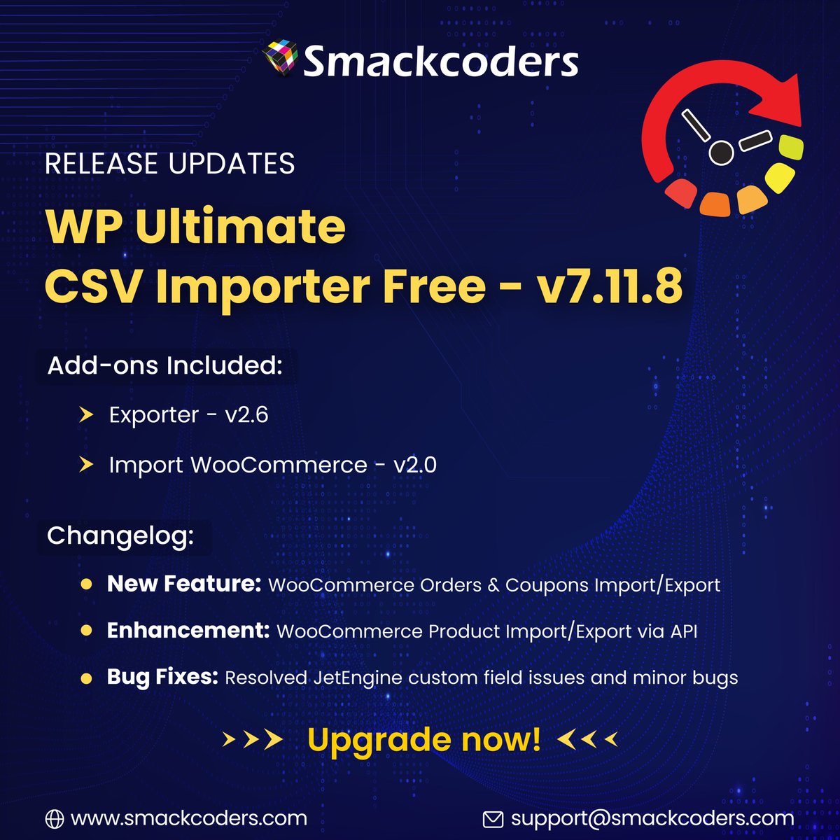 smackcoders_wp's tweet image. Exciting News! 🎉
WP Ultimate CSV Importer Free v7.11.8 is out! 🚀
- WooCommerce Orders & Coupons Import/Export
- Enhanced API for WooCommerce Product Import & Export
- Plus, Bug fixes!
Upgrade now! Visit here👉 wordpress.org/plugins/wp-ult…
#WordPress #PluginUpdate #CSVImporter