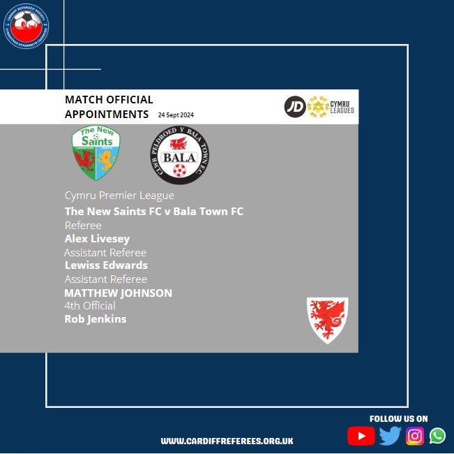 🏆 JD Cymru Premier League Match Official Appointments - 24.09.24

Jordan Harman is 4th Official as <a href="/HaverfordwestFC/">Haverfordwest County AFC 🏴󠁧󠁢󠁷󠁬󠁳󠁿</a> taken on <a href="/BarryTownUnited/">Barry Town United</a> 

James Young and Alex McInch are in action at the SDM Glass Stadium 

Matthew Johnson travels North as <a href="/tnsfc/">The New Saints FC</a> entertain <a href="/BalaTownFC/">Bala Town FC</a>