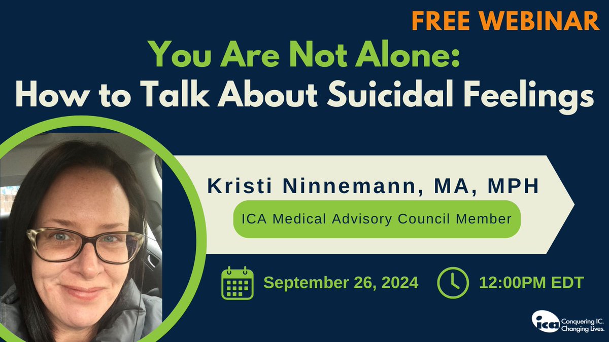 📅 Join us on Thursday, September 26th at 12:00 PM EST for an important webinar featuring Kristi Ninnemann, ICA MAC Member.

This webinar will continue our crucial conversation on this sensitive topic. 

🔗 To register, visit cutt.ly/together4tomor…

#InterstitialCystitis