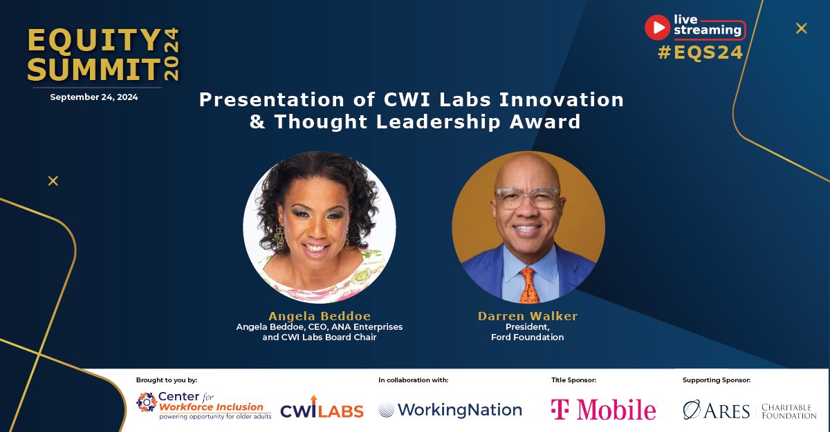 WorkingNation (@workingnation) on Twitter photo We’re back at #EQS24, where <a href="/AngelaBeddoe/">Angela Beddoe</a>, <a href="/CWILabs/">CWI Labs</a> board chair, is presenting the CWI Labs Innovation & Thought Leadership Award to <a href="/DarrenWalker/">Darren Walker</a>, president of <a href="/FordFoundation/">Ford Foundation</a>, via live stream.
#EQS24 live stream: web.cvent.com/event/01923885…
@WorkforceINCL We’re back at #EQS24, where <a href="/AngelaBeddoe/">Angela Beddoe</a>, <a href="/CWILabs/">CWI Labs</a> board chair, is presenting the CWI Labs Innovation & Thought Leadership Award to <a href="/DarrenWalker/">Darren Walker</a>, president of <a href="/FordFoundation/">Ford Foundation</a>, via live stream.
#EQS24 live stream: web.cvent.com/event/01923885…
@WorkforceINCL