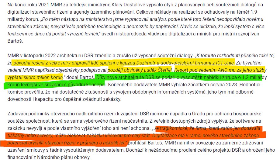Hele, a proč se vlastně nemluví o tom, že předseda Hospodářské komory, Zdeněk Zajíček (ODS), je taky předseda ICT Unie, která byla současným ministerstvem pro místní rozvoj (Bartoš) vyšoupnuta z projektu digitalizace stavebního řízení?
To zní taky jako dobrá motivace, ne?