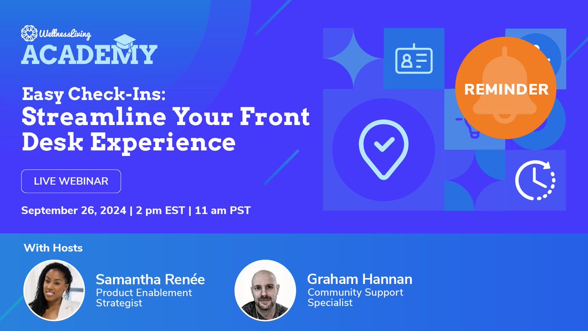 WL_software's tweet image. Tired of front-desk chaos? 😩  

Let’s explore the best check-in solution for your unique business! 

Register now ➡️ bit.ly/3MN5ZWV 

#WellnessLivingAcademy #CheckInMethods #SetUpForSuccess #WellnessLivingSoftware