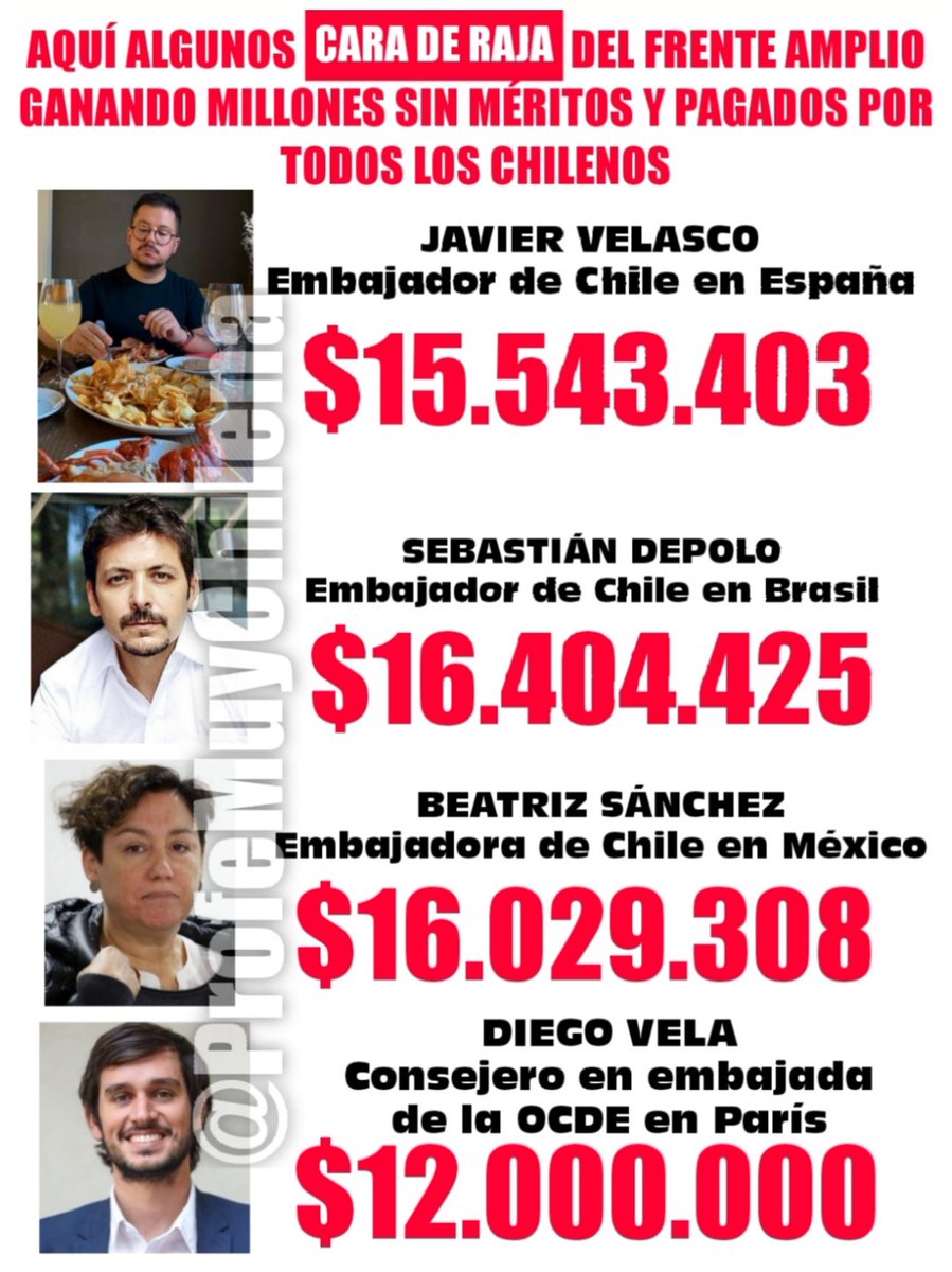 ProfeMuyChilena's tweet photo. 🤑🚨  #ALERTA  🚨🤑

CARA DE RAJA :

Persona que es AMIGO de BORIC , pertenece al FRENTE AMPLIO ( o se fusionó para DESPISTAR el ROBO de REVOLUCIÓN DEMOCRÁTICA ) acepta un cargo SIN TENER las COMPETENCIAS y recibe un MILLONARIO SUELDO pagado con NUESTROS IMPUESTOS

#Sinfiltros_tv https://t.co/3zscHgaEog