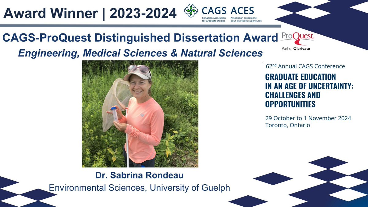 Congratulations to Dr. Sabrina Rondeau for winning the 2023 CAGS-ProQuest Distinguished Dissertation Award in Engineering, Medical Sciences &amp; Natural Sciences. 🙌 Register for the CAGS Conference to connect with Dr. Rondeau: buff.ly/3ycTct5
#GraduateEducation #PhD