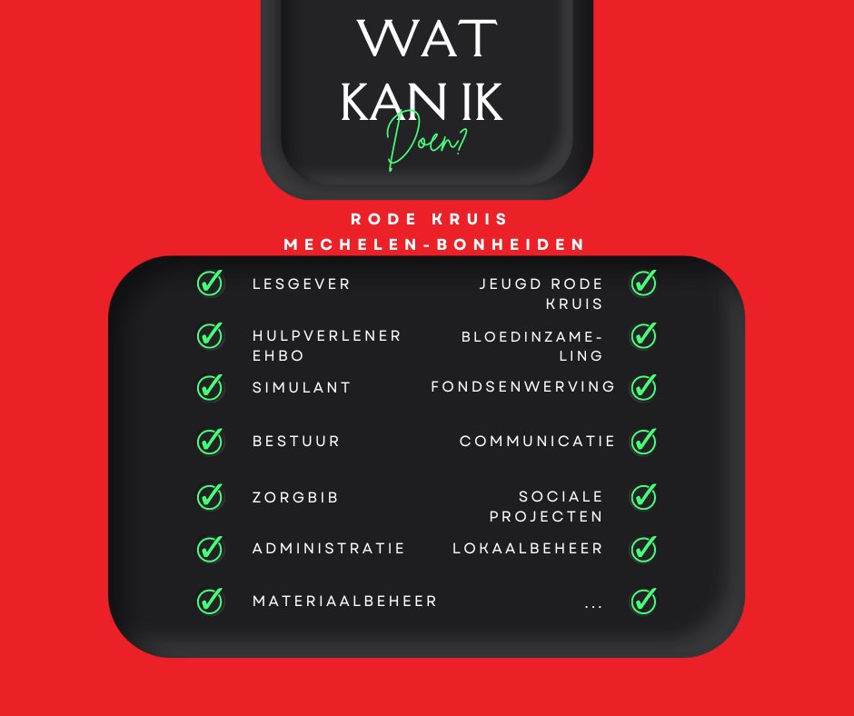 Kriebelt om #vrijwilligerswerk te doen? Al eens aan een engagement bij <a href="/RodeKruisMeBo/">RK MechelenBonheiden</a> gedacht? 
Onze #vrijwilligers zijn actief in #Mechelen en #Bonheiden, maar je vindt ze ook regelmatig op andere plekken binnen en buiten onze provincie.
Check snel wat je bij ons kan doen!