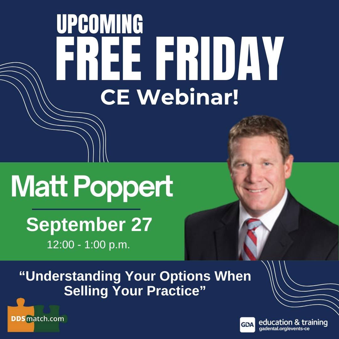 ddsmatchsouth's tweet image. Join Matt Poppert this Friday, September 27th, from 12-1 PM for a FREE webinar! Don’t miss out on this valuable opportunity! @gadentalassn 

📅 Save the date! 🔗 Join here: gadental.org/events-ce/ce--…

🌐ddsmatch.com

#DDSmatchSouth #gda 
   #practicetransitions