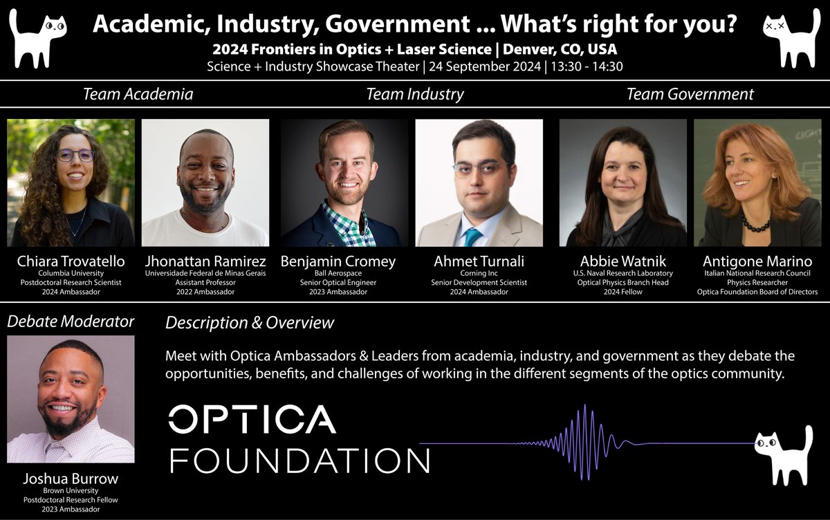 Curious about where your future lies in the world of optics and photonics? 🤔  #OpticaAmbassadors will help you decide "What’s right for you?"  #FiOLS24 <a href="/OpticaWorldwide/">Optica</a>  

<a href="/ClaireFoundling/">Chiara Trovatello</a> | Jhonattan Ramirez
Abbie Watnik | @AntigoneMarino 
Benjamin Cromey | Ahmet Turnali