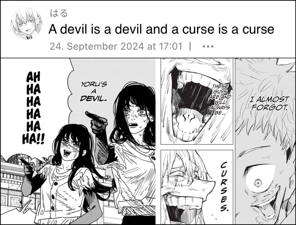D_Kumii's tweet photo. One of Jump+ top comments for this week’s chapter of Chainsaw Man. https://t.co/g9MKsqtj6N