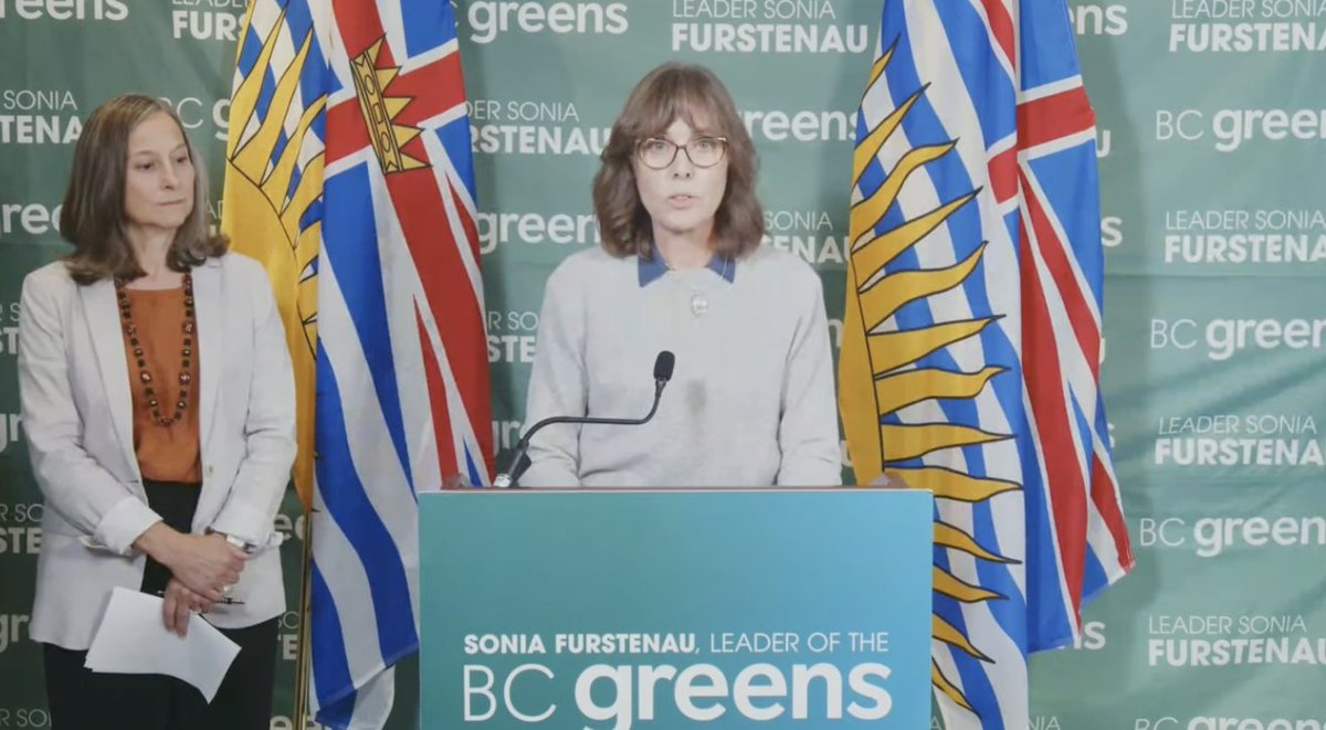 BC Green Leader @SoniaFurstenau announcing party's plan for toxic drug crisis. Includes: 1. Expand regulated Rx alternatives to toxic illicit drugs, 2. regulate treatment and recovery programs, create database to track outcomes, 3. Education and preventative programs in schools