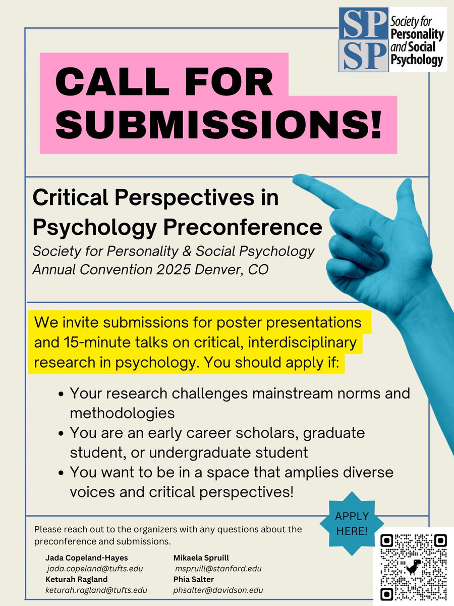 Do you research the psychology of social oppression? Are you applying new methods to your experimental research? Are you breaking boundaries in mainstream social psychology? If so, apply to our preconference, Critical Perspectives in Psychology at #SPSP25!!!
