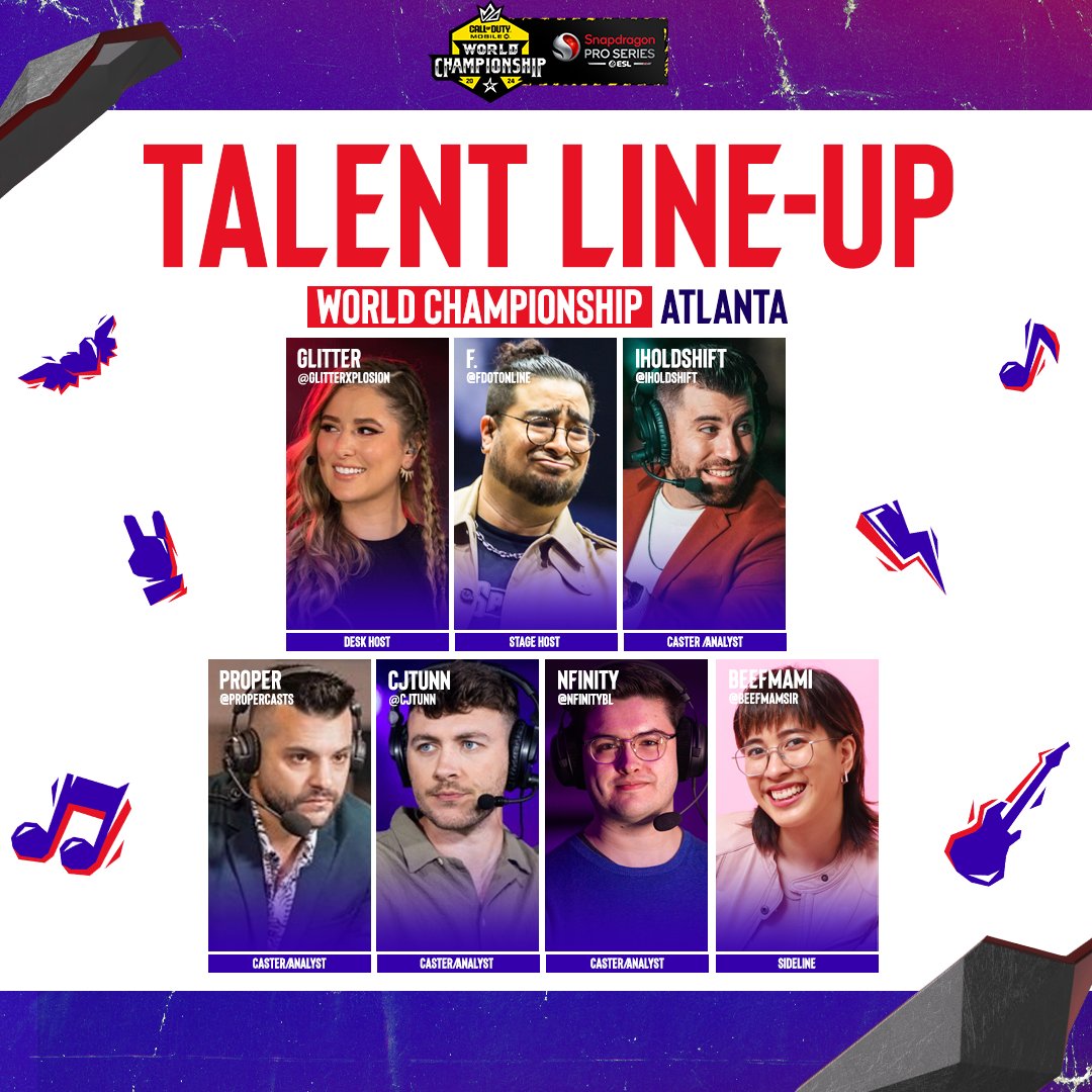 ESL COD: Mobile (@eslcodm) on Twitter photo 📢 Let’s rock and roll! Presenting the #SnapdragonProSeries x #CODMCHAMPS24 Talent Line-Up! 🤘
🎙️ Desk Host: <a href="/GlitterXplosion/">GlitterXplosion</a>
🎙️ Stage Host: <a href="/fdotOnline/">Thom "F." Badinger</a>
🎙️Caster/Analyst: <a href="/IHOLDSHIFT/">IHOLDSHIFT</a>
🎙️ Caster/Analyst: <a href="/ProperCasts/">Proper</a>
🎙️ Caster/Analyst: <a href="/CJTunn/">Chris Tunn</a>
🎙️ Caster/Analyst: <a href="/NfinityBL/">Nfinity</a>
🎙️ 📢 Let’s rock and roll! Presenting the #SnapdragonProSeries x #CODMCHAMPS24 Talent Line-Up! 🤘
🎙️ Desk Host: <a href="/GlitterXplosion/">GlitterXplosion</a>
🎙️ Stage Host: <a href="/fdotOnline/">Thom "F." Badinger</a>
🎙️Caster/Analyst: <a href="/IHOLDSHIFT/">IHOLDSHIFT</a>
🎙️ Caster/Analyst: <a href="/ProperCasts/">Proper</a>
🎙️ Caster/Analyst: <a href="/CJTunn/">Chris Tunn</a>
🎙️ Caster/Analyst: <a href="/NfinityBL/">Nfinity</a>
🎙️