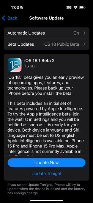 sabatage's tweet photo. Apple just released iOS 18.1 Beta 2 to the public!
#iPhone16 #iPhone16Pro #iPhone16ProMax #iPhone #iOS18 #iOS #iOS181Beta5 #iOS181 #appleintelligence https://t.co/9YWlGfT6Le