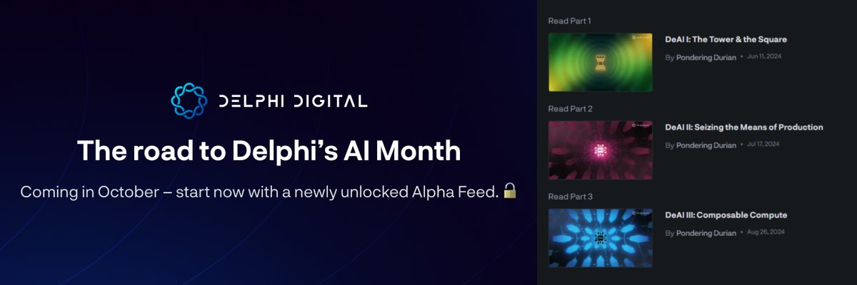 Delphi_Digital's tweet photo. Everything you need to know about Ai x Crypto:

Short on time? ''DeAI Compressed '' by @PonderingDurian brings you the essential takeaways from the 3 parts of Delphi's DeAI report series.

As always, our Alpha Feed cuts through the noise to deliver concise and pure signal. 👇