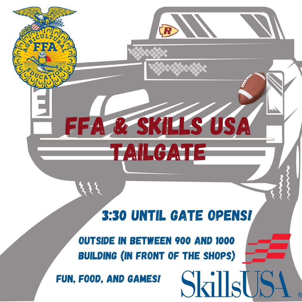 RiverdaleFFA's tweet photo. Don’t forget about the FFA and @skillsusaRHS Tailgate this Friday from 3:30- Gate Opens! ***You just buy your own ticket to the game; however, we will provide food and fun before!

@RiverdaleHighTN https://t.co/8vjxz0Y425