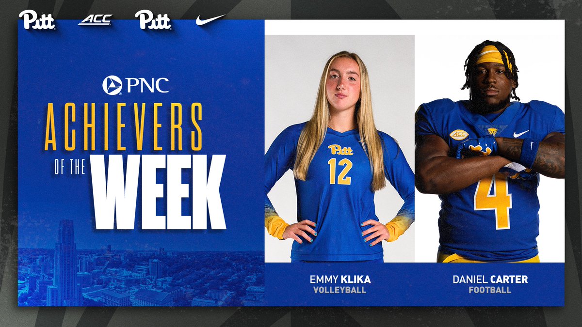 Pitt Panthers (@pitt_athletics) on Twitter photo Congrats to our <a href="/PNCBank/">PNC Bank</a> Achievers of the Week:
<a href="/Pitt_VB/">Pitt Volleyball</a>: Emmy Klika
<a href="/Pitt_FB/">Pitt Football</a>: Daniel Carter
Read more: pittsburghpanthers.com/AOTW Congrats to our <a href="/PNCBank/">PNC Bank</a> Achievers of the Week:
<a href="/Pitt_VB/">Pitt Volleyball</a>: Emmy Klika
<a href="/Pitt_FB/">Pitt Football</a>: Daniel Carter
Read more: pittsburghpanthers.com/AOTW